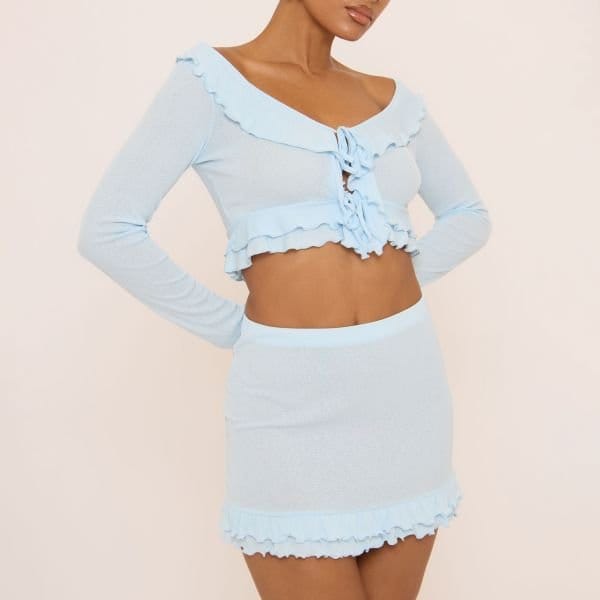 EGO Mid Rise Frill Hem Mini Skirt In Blue, Women's Size UK 6 - 2