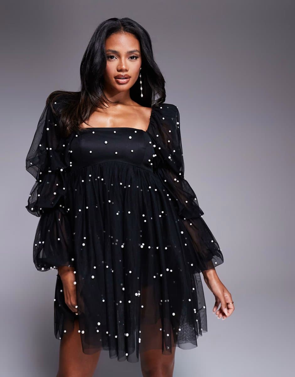 ASOS ASOS LUXE tulle baby doll dress with pearl embellishment in black