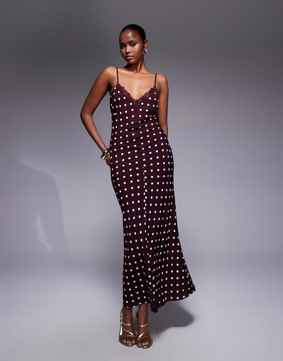 ASOS ASOS DESIGN v neck lace trim satin slip maxi dress in chocolate spot