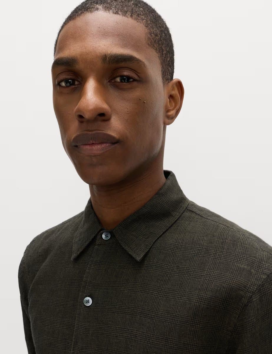 Marks & Spencer M&S Pure Linen Check Shirt Khaki Mix