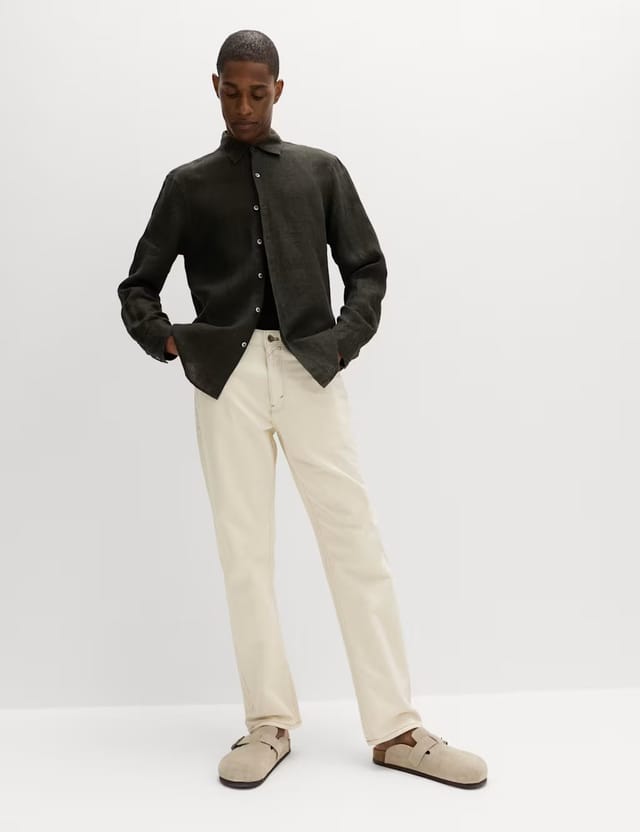 Marks & Spencer M&S Pure Linen Check Shirt Khaki Mix - 2