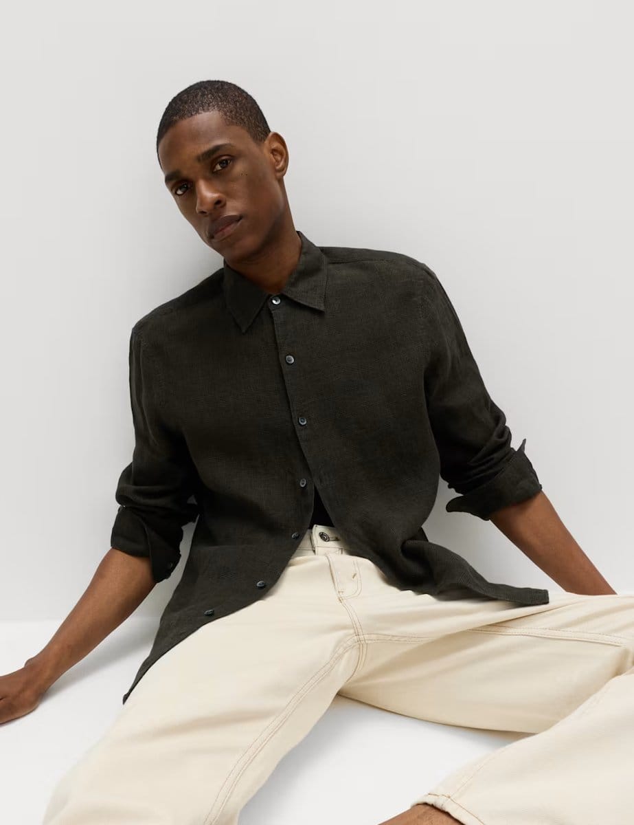 Marks & Spencer M&S Pure Linen Check Shirt Khaki Mix - 4