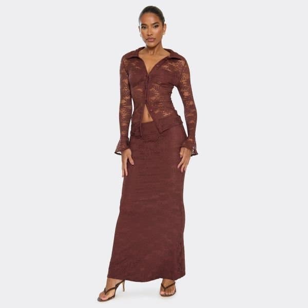EGO EGO Chocolate Brown Lace Low Waist Maxi Skirt