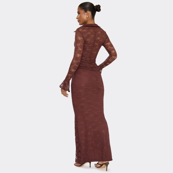 EGO Low Waist Maxi Skirt In Chocolate Brown Lace, Women's Size UK 6 - 2