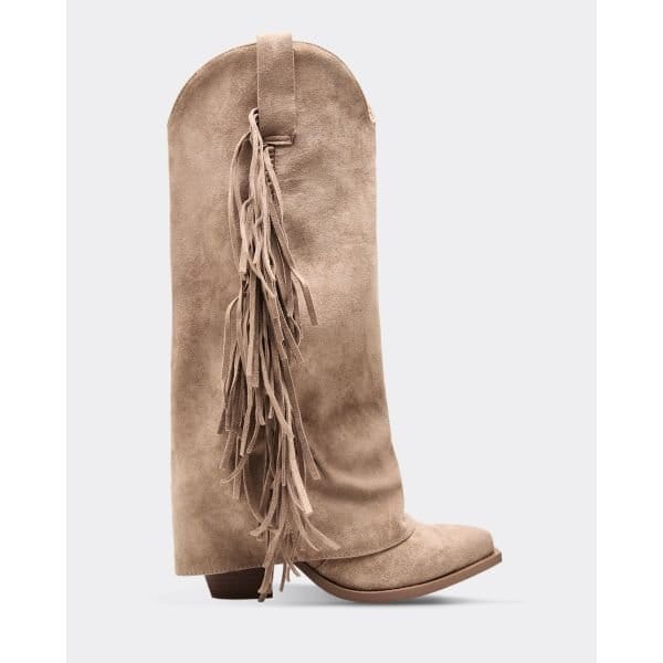 EGO Vegas Side Fringe Layered Detail Knee High Western Cowboy Boot In Beige Faux Suede, Women's Size UK 3 - 2