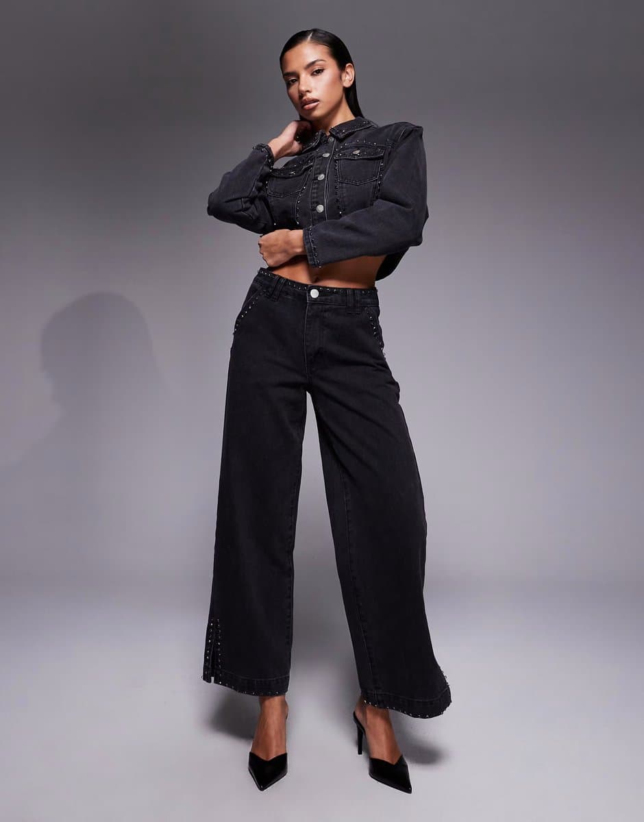 ASOS Liquor N Poker mid rise straight jean with diamante seam detail co-ord in washed black