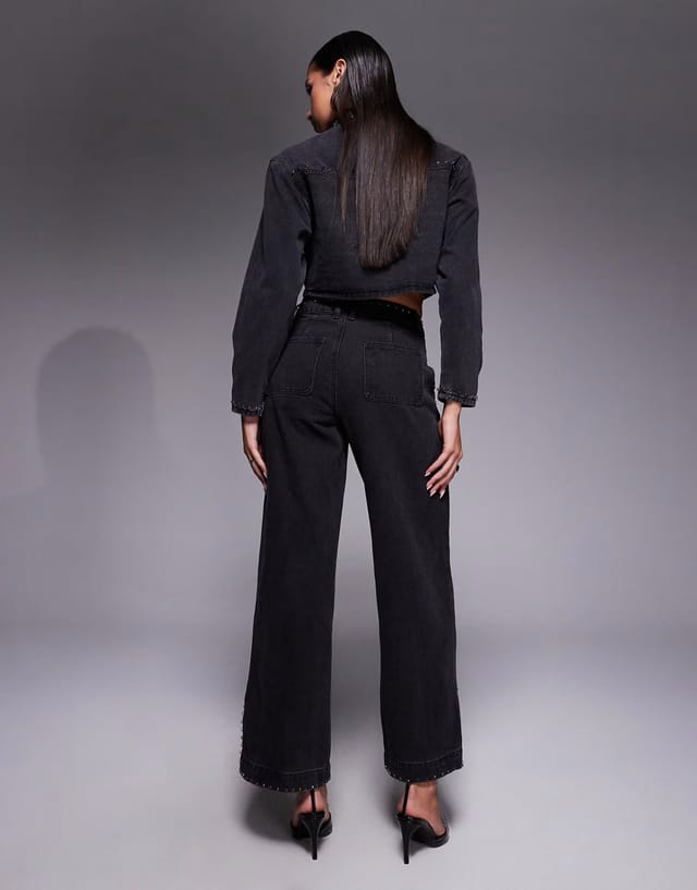 ASOS Liquor N Poker mid rise straight jean with diamante seam detail co-ord in washed black - 3