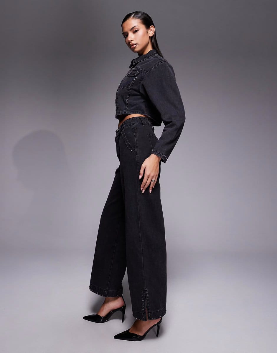 ASOS Liquor N Poker mid rise straight jean with diamante seam detail co-ord in washed black - 4