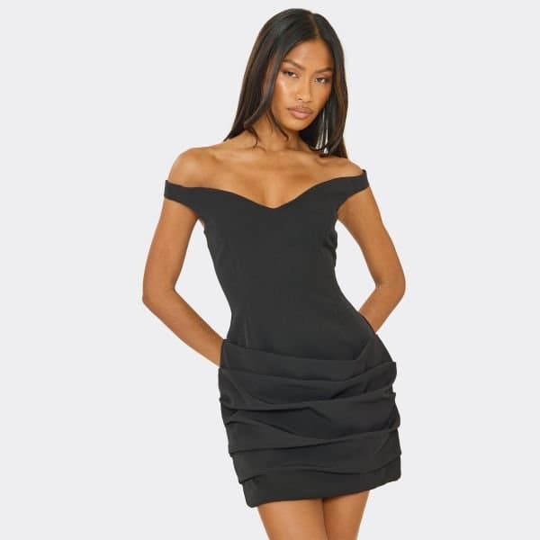EGO Off The Shoulder Ruffle Panel Detail Mini Dress In Black, Women's Size UK 6