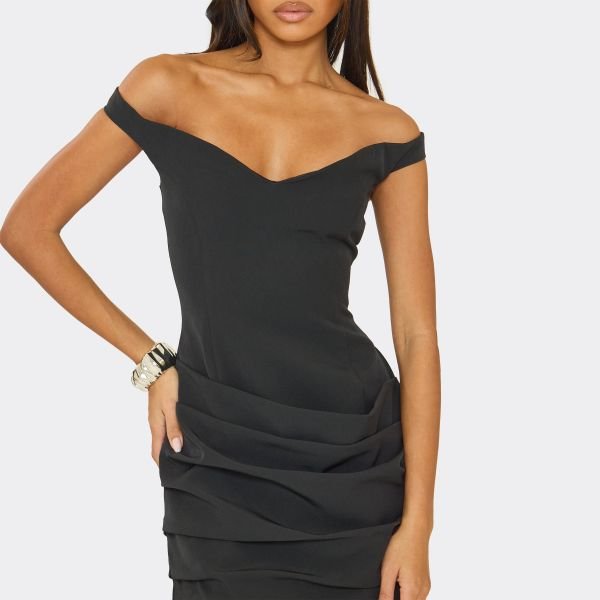 EGO Off The Shoulder Ruffle Panel Detail Mini Dress In Black, Women's Size UK 6 - 2