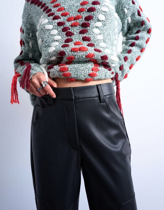 ASOS Topshop western patch detailed faux leather trouser in black - 3