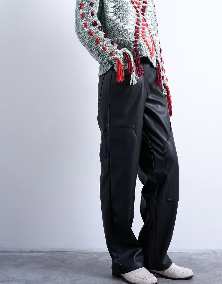 ASOS Topshop western patch detailed faux leather trouser in black - 4