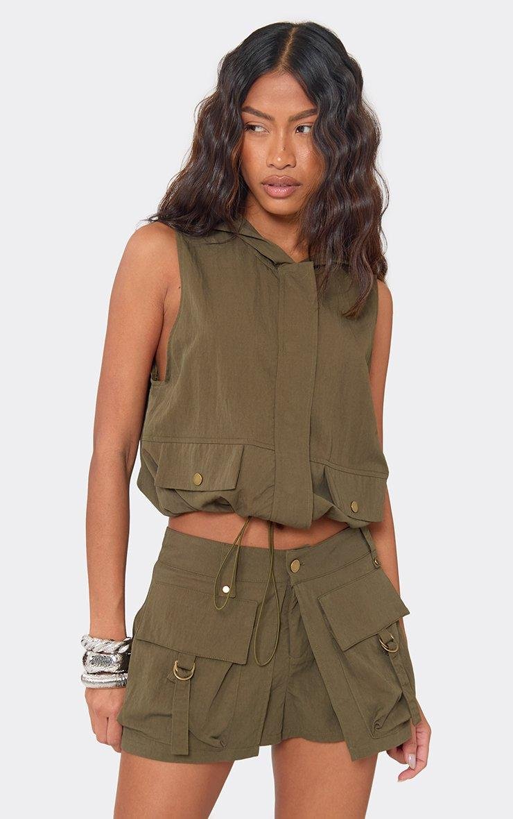 EGO Sleeveless Popper Front Hooded Cargo Top In Khaki Green, Women's Size UK 6 - 2