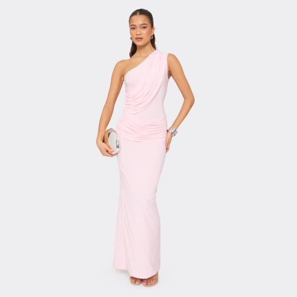 EGO One Shoulder Cowl Front Maxi Dress In Baby Pink, Women's Size UK 6