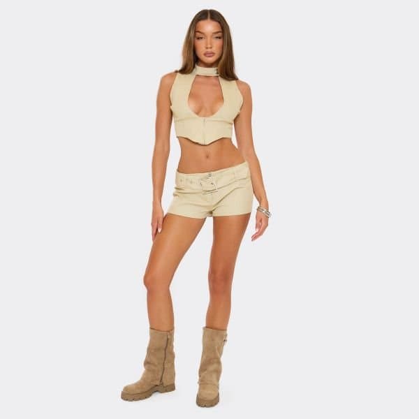 EGO Low Rise Zip Up Front Belted Hot Pants In Cream, Women's Size UK 6