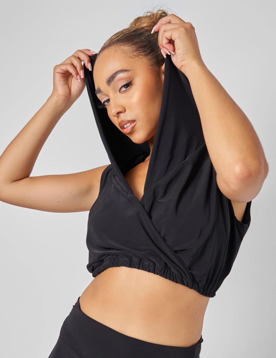 Public Desire Sleeveless Wrap Front Top With Hood Black