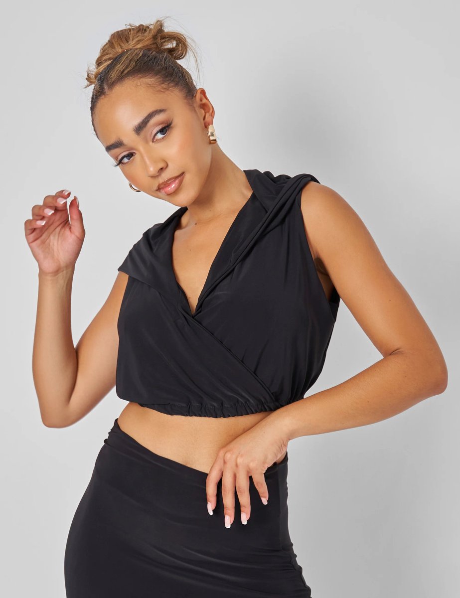 Public Desire Sleeveless Wrap Front Top With Hood Black - 2