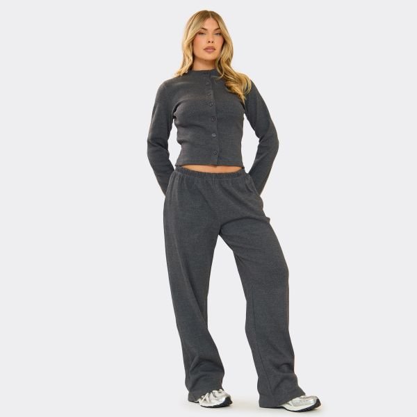 EGO Mid Rise Wide Leg Trousers In Charcoal Grey Ribbed, Women's Size UK 6 - 1