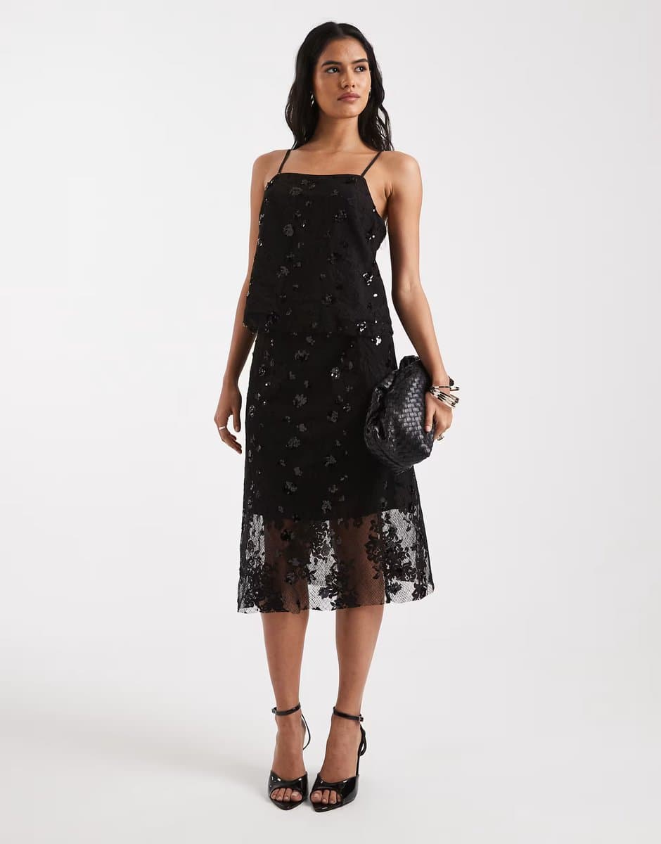 ASOS ONLY sequin details top & midi skirt co-ord in black