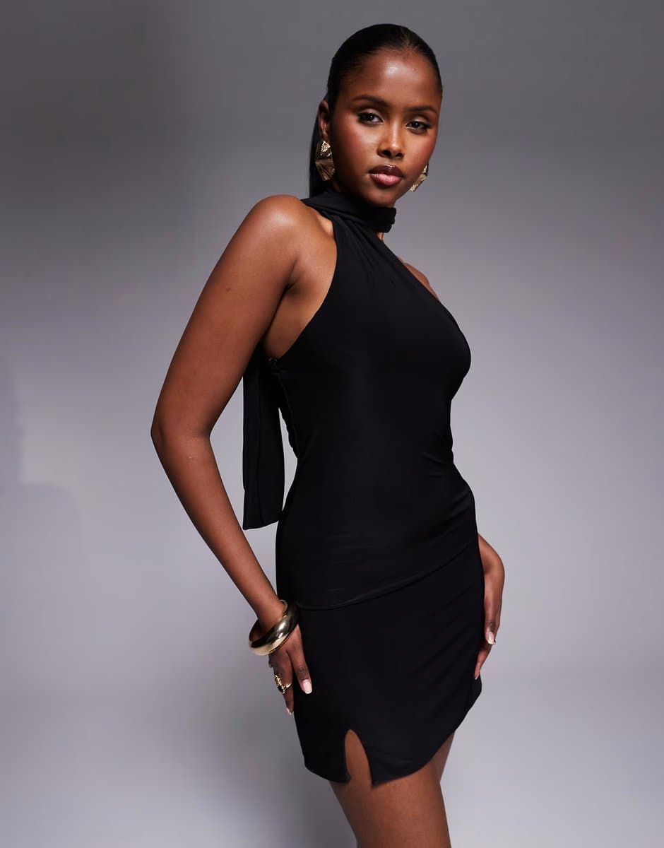 ASOS Fashionkilla exclusive slinky double sculpted halterneck scarf detail mini dress in black