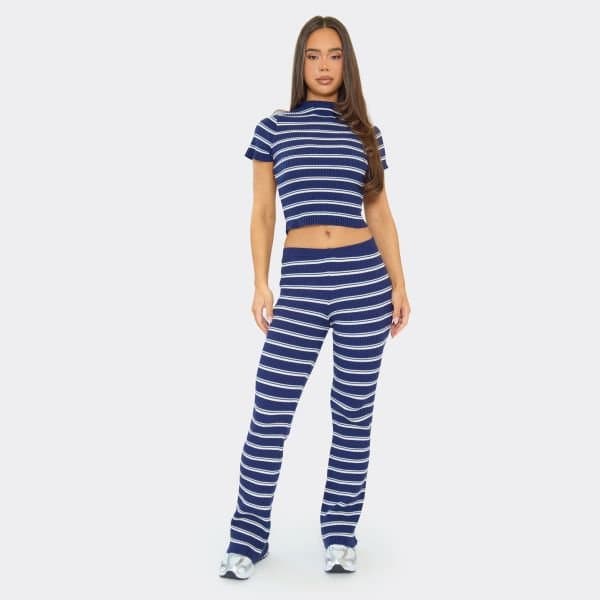 EGO Low Rise Flared Trousers In Blue Stripe Rib Knit, Women's Size UK Large L