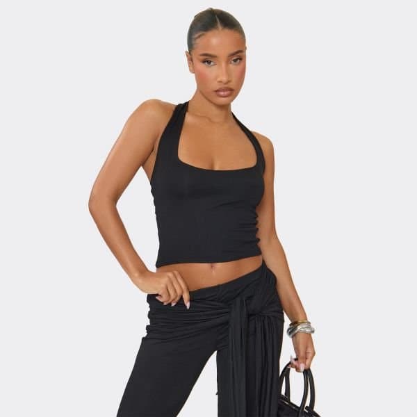 EGO Halterneck Double Layer Fitted Top In Black, Women's Size UK 6