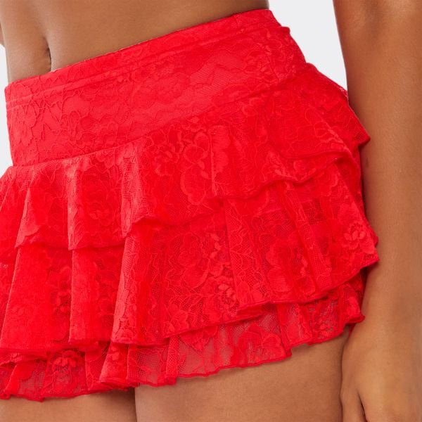EGO Mid Rise Frill Detail Mini Skirt In Red Lace, Women's Size UK 4 - 2