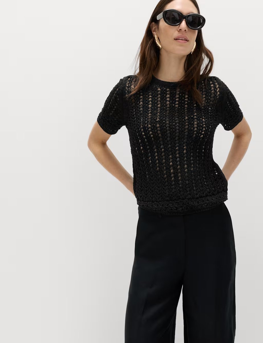 Marks & Spencer M&S Cotton Rich Textured Knitted Top Black - 4