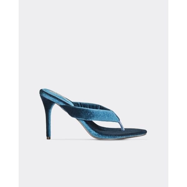 EGO Lavished Padded Thong Strap Heeled Mule In Blue Velvet, Women's Size UK 3 - 2