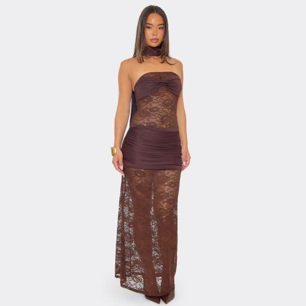 EGO Scarf Detail Twist Bust Contrast Lace Maxi Dress In Chocolate Brown, Women's Size UK 6