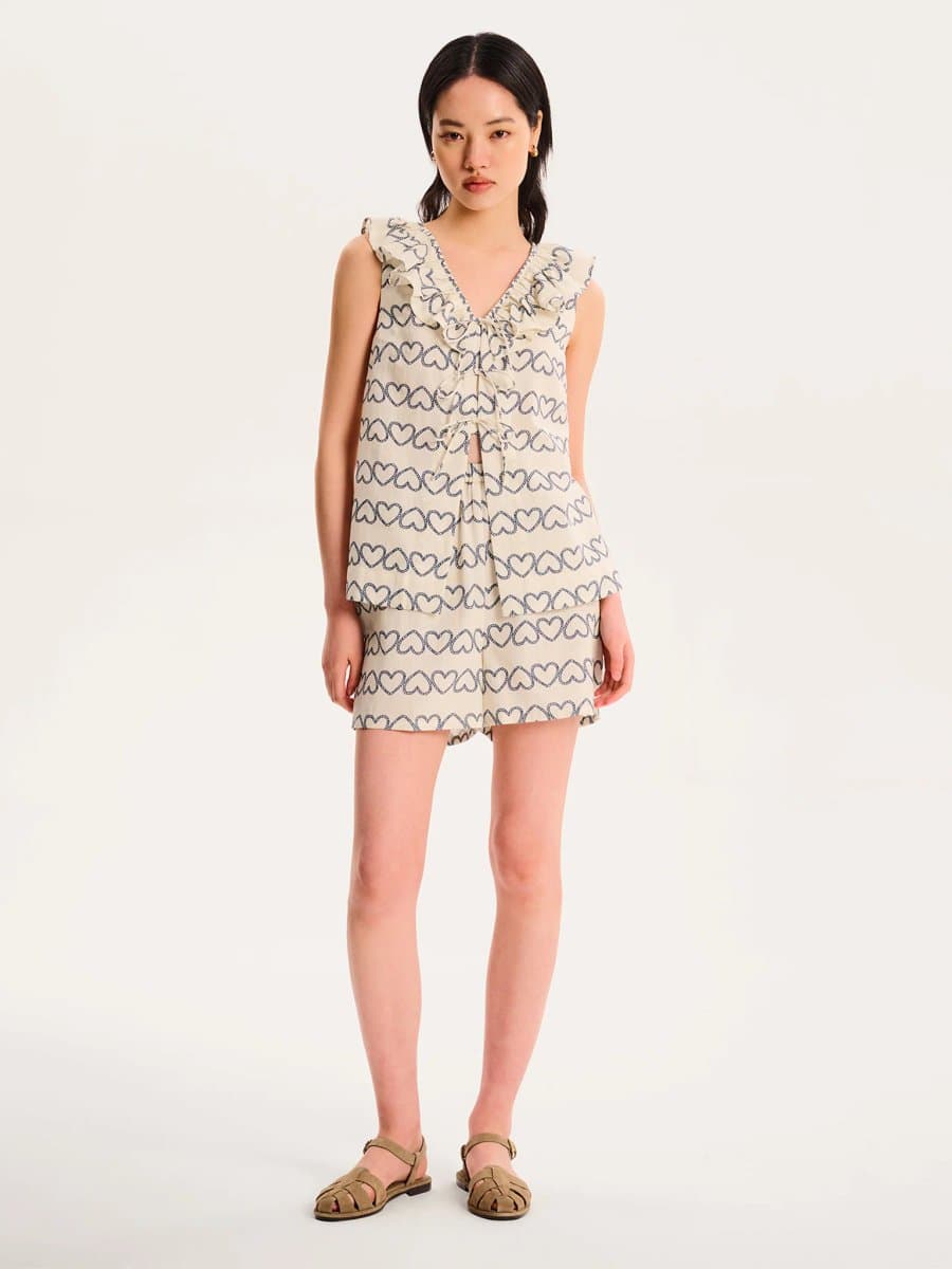 OMNES OMNES Heart Print Top with Frill Collar in White