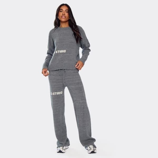 EGO Mid Rise Ego Studio Wide Leg Trousers In Charcoal Grey Knit, Women's Size UK Large L