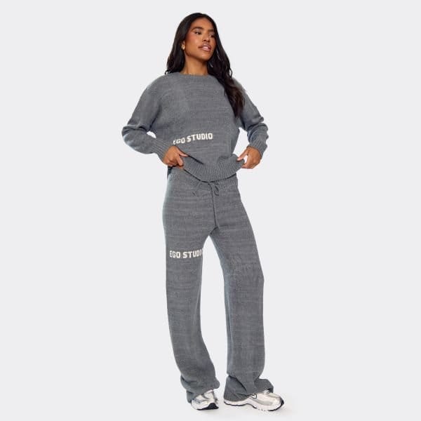 EGO Mid Rise Ego Studio Wide Leg Trousers In Charcoal Grey Knit, Women's Size UK Large L - 2