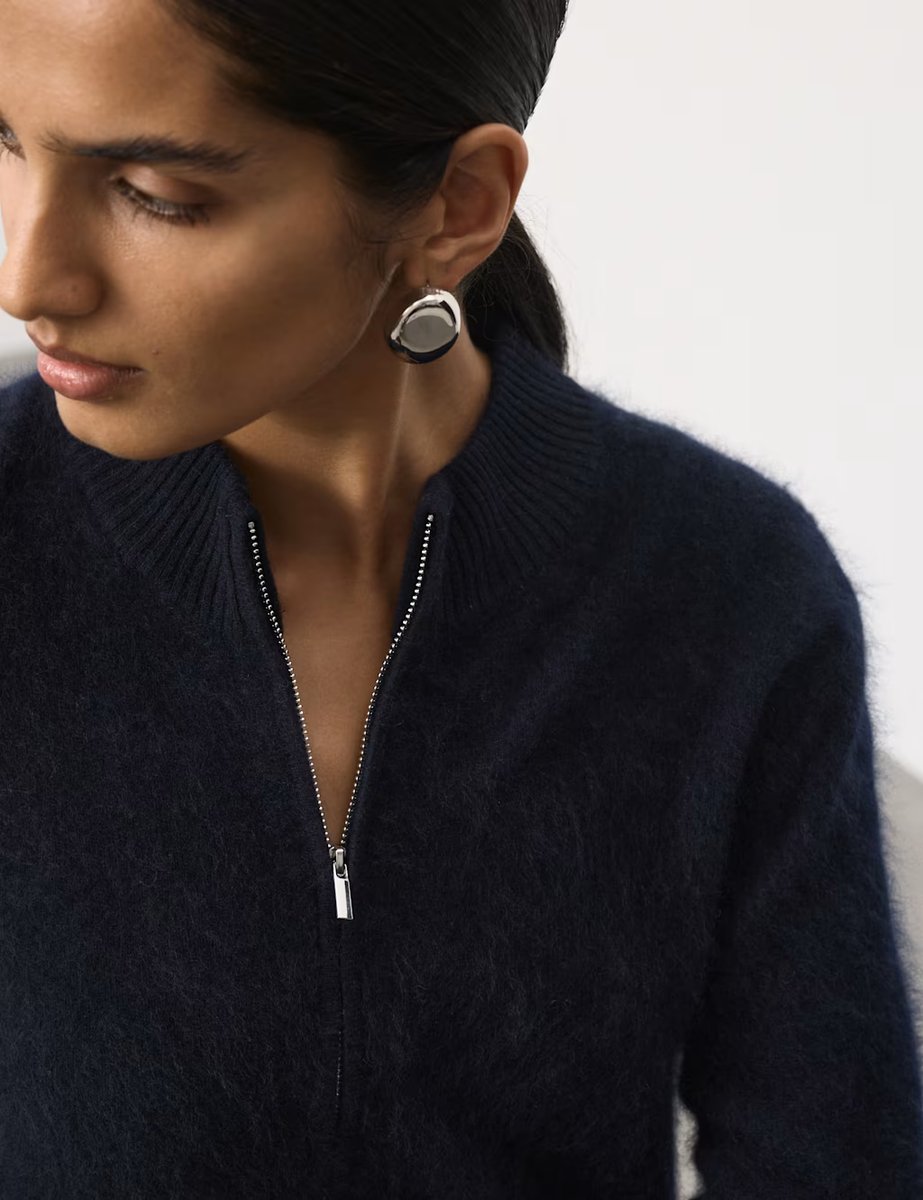 Marks & Spencer M&S Wool Rich Brushed Zip Up Cardigan with Cashmere Midnight Navy - 2