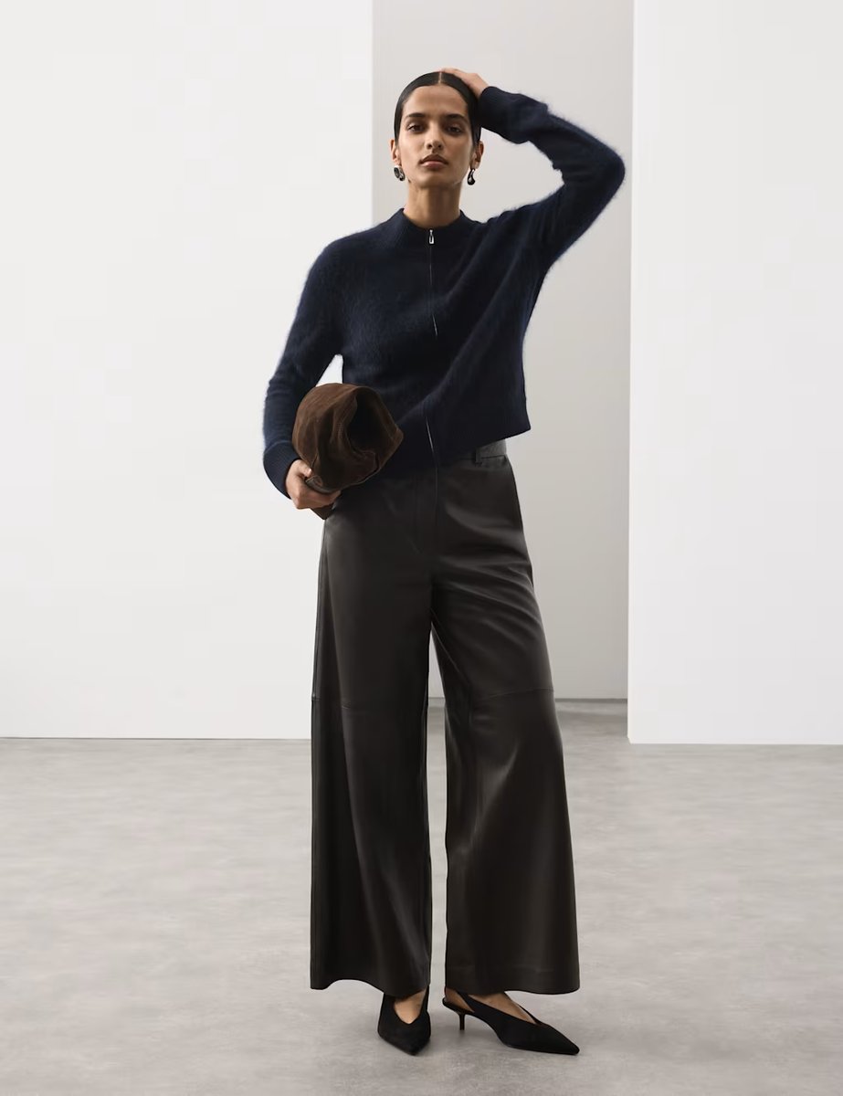 Marks & Spencer M&S Wool Rich Brushed Zip Up Cardigan with Cashmere Midnight Navy - 3