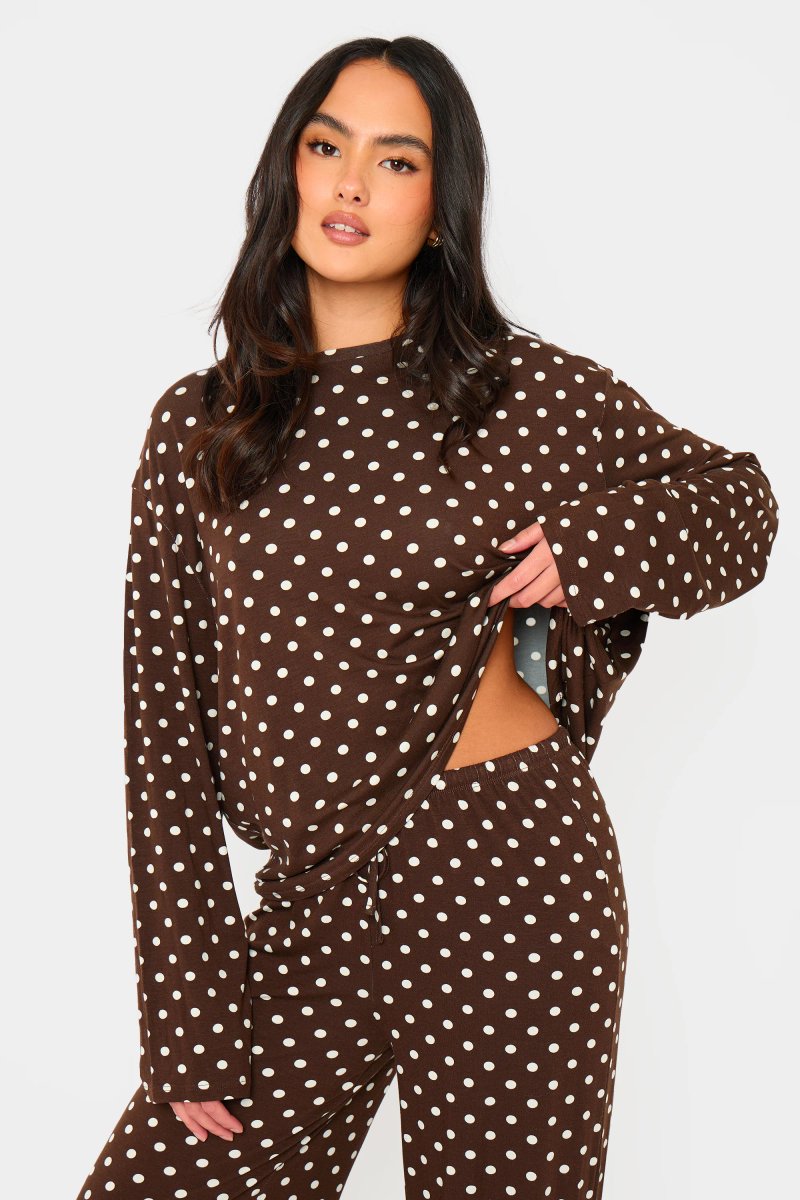 Kaiia Kaiia Polka Dot Oversized Long Sleeve T-shirt Brown & Cream - 1