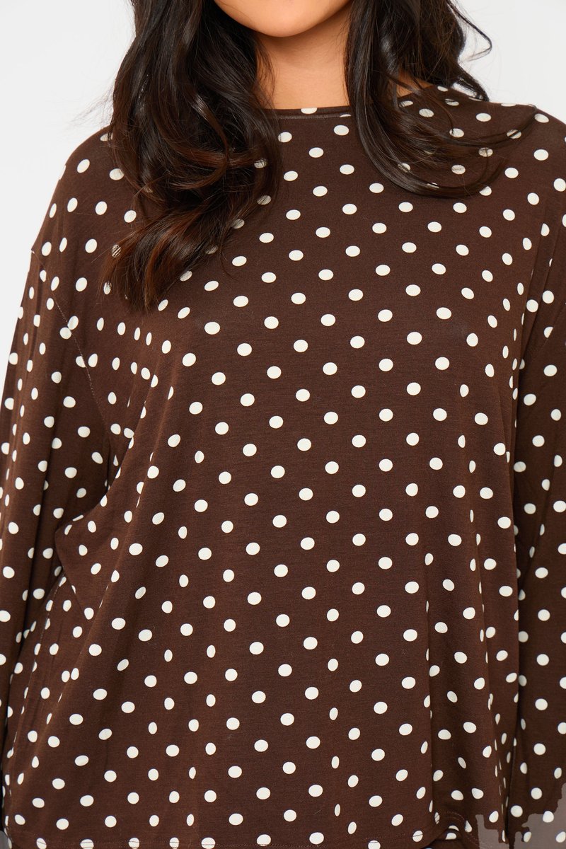 Kaiia Kaiia Polka Dot Oversized Long Sleeve T-shirt Brown & Cream - 2