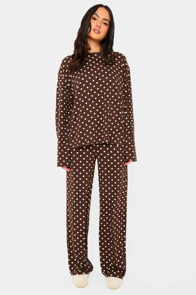 Kaiia Kaiia Polka Dot Oversized Long Sleeve T-shirt Brown & Cream - 3