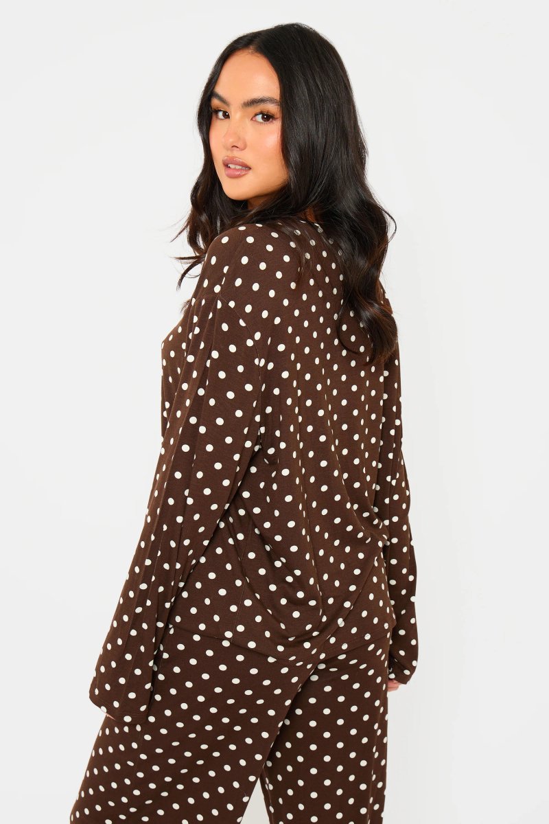 Kaiia Kaiia Polka Dot Oversized Long Sleeve T-shirt Brown & Cream - 4