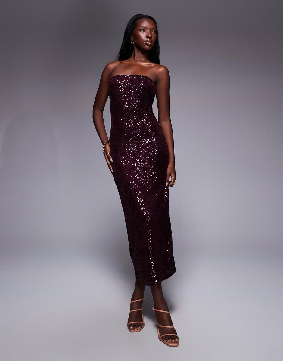 ASOS ASOS DESIGN sequin bandeau midi dress in burgundy