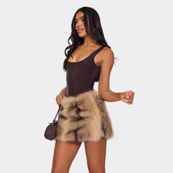 EGO Mid Rise Mini Skirt In Brown Faux Fur, Women's Size UK 4