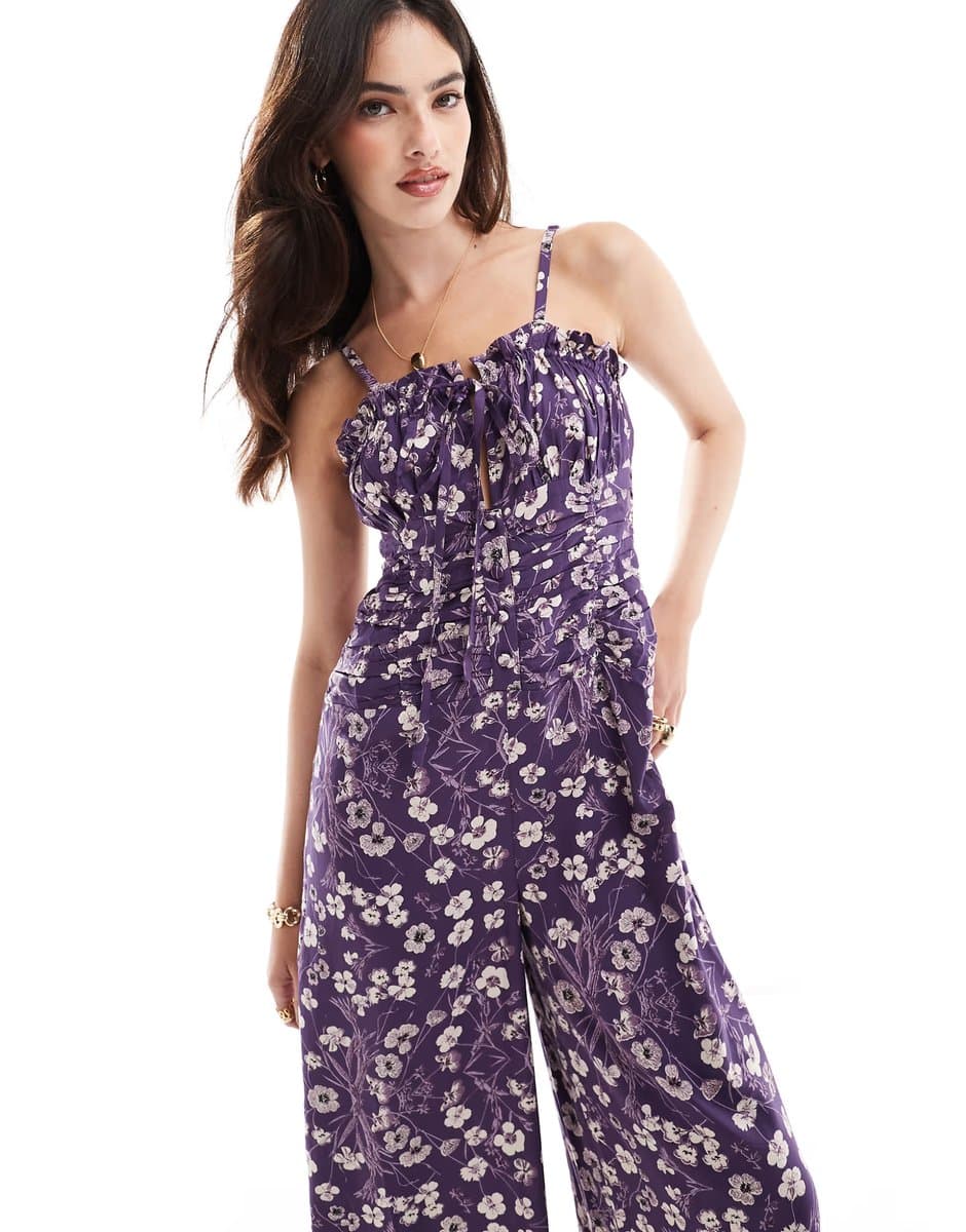 ASOS ASOS DESIGN frill bust ruched waist strappy spun jumpsuit in purple and white floral