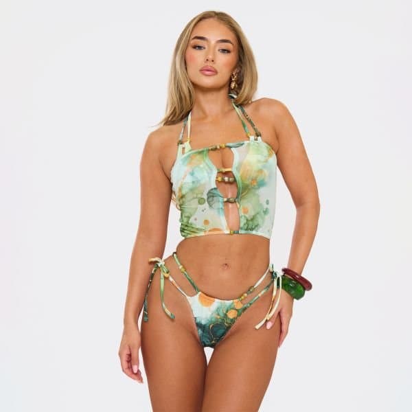EGO Halterneck Beaded Bikini Top In Green Abstract Print, Women's Size UK 6