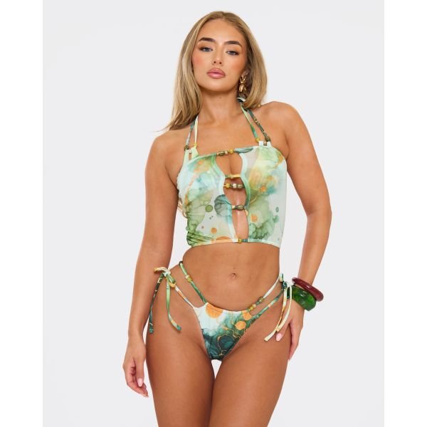 EGO Halterneck Beaded Bikini Top In Green Abstract Print, Women's Size UK 6 - 2