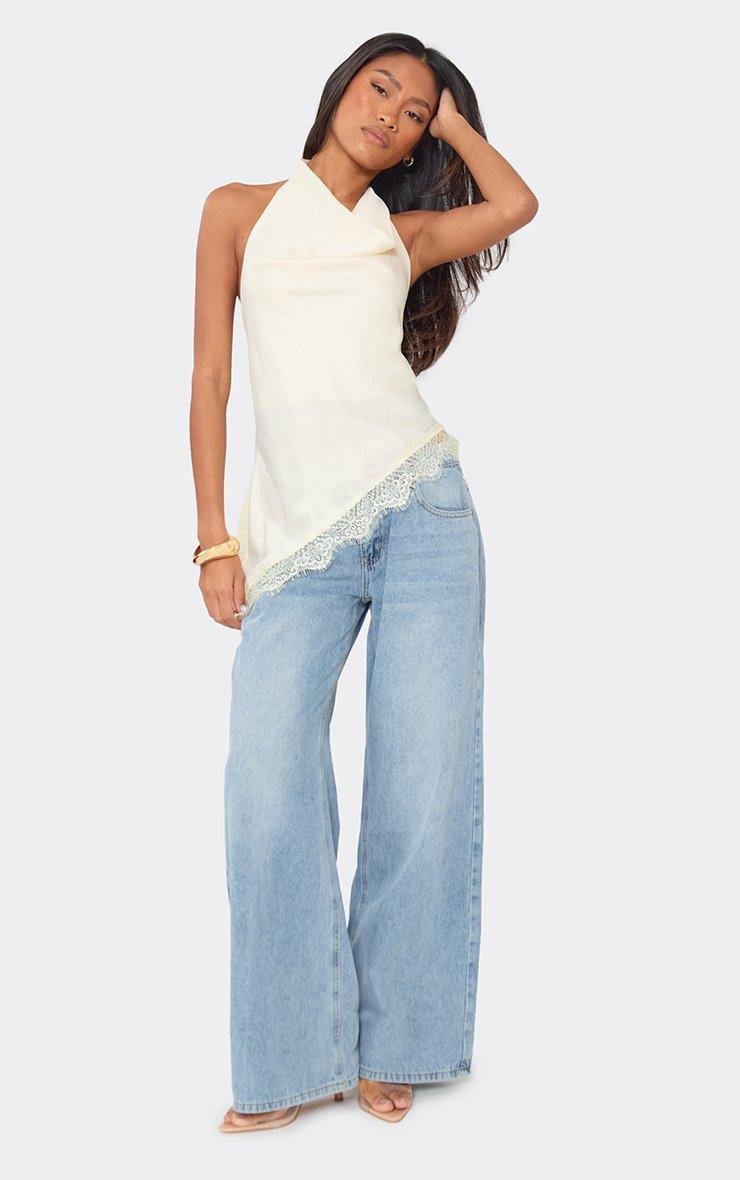 EGO Cowl Neck Asymmetric Hem Lace Detail Top In Cream Satin, Women's Size UK 6 - 2