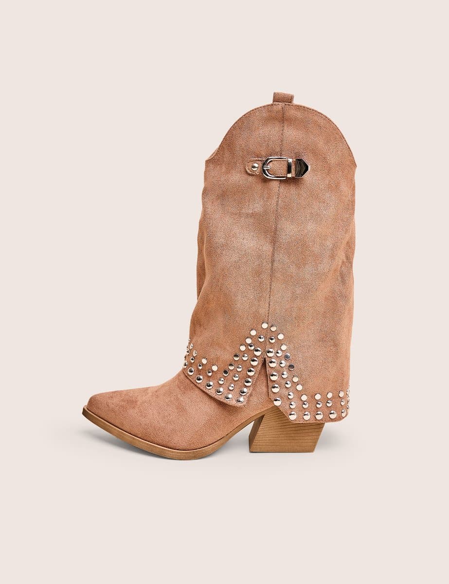 Public Desire Dalton Tan Fold Over Suede Studded Western Ankle Boots