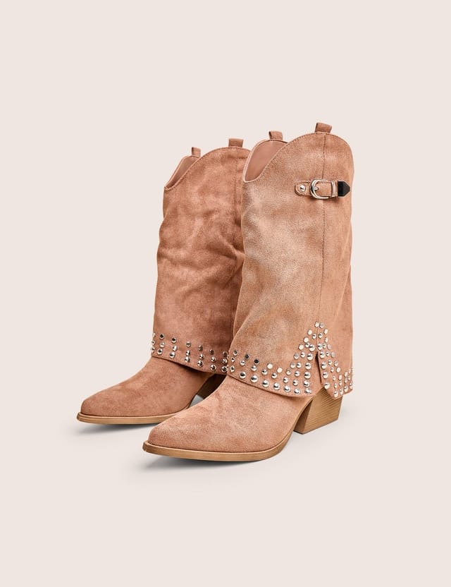 Public Desire Dalton Tan Fold Over Suede Studded Western Ankle Boots - 2