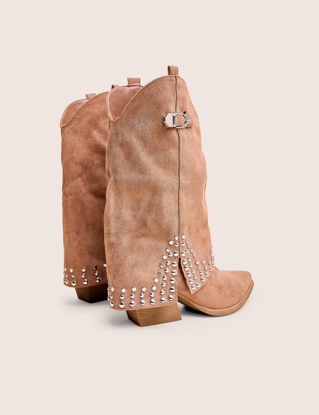 Public Desire Dalton Tan Fold Over Suede Studded Western Ankle Boots - 3