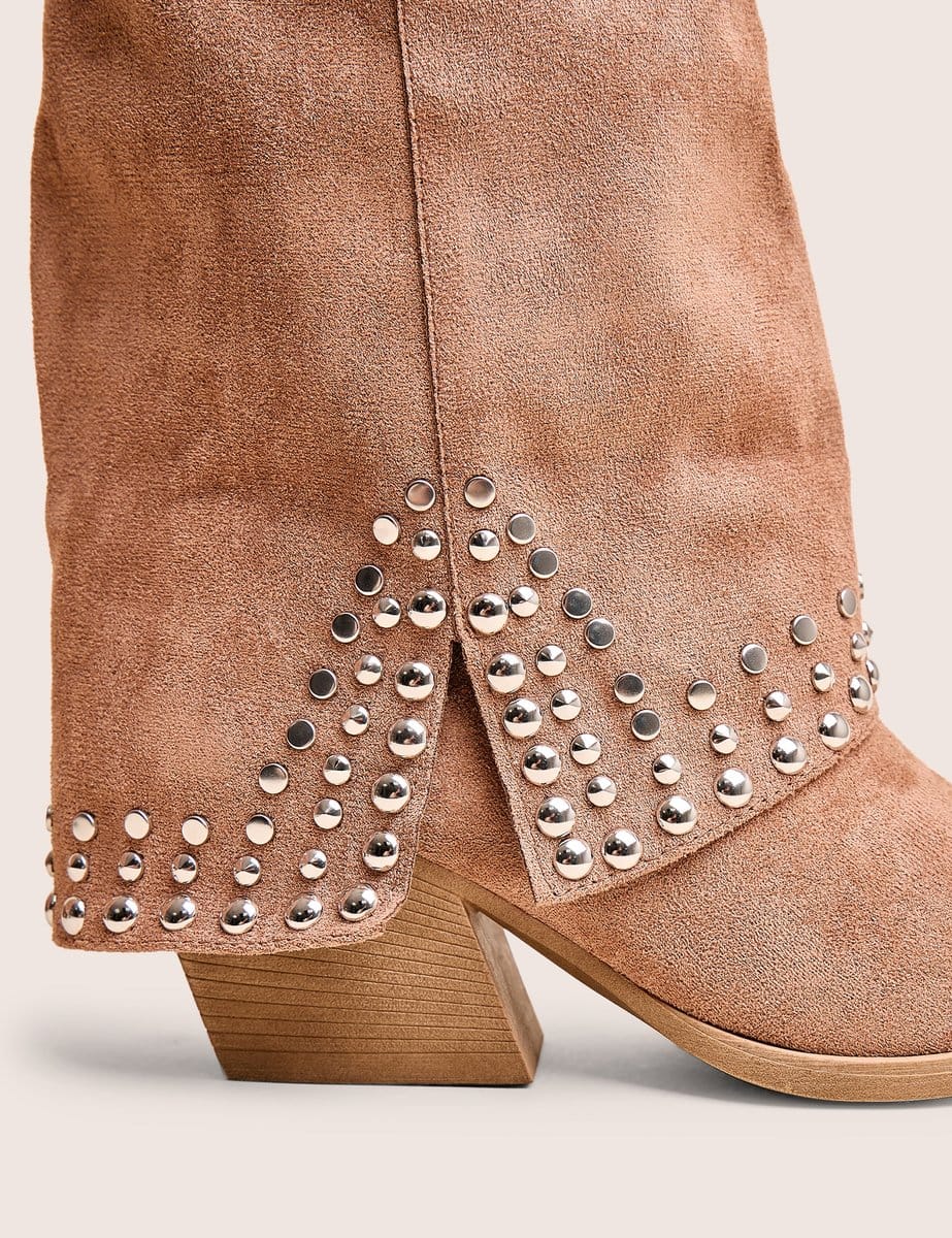 Public Desire Dalton Tan Fold Over Suede Studded Western Ankle Boots - 4