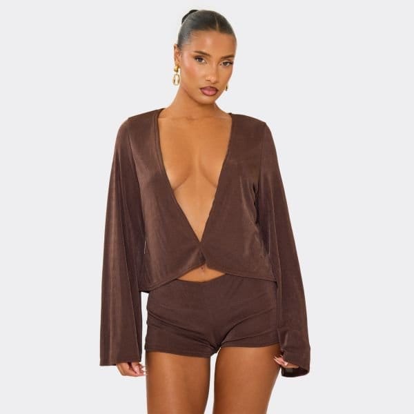EGO Flared Long Sleeve Plunge Neck Top In Chocolate Brown, Women's Size UK 6 - 1